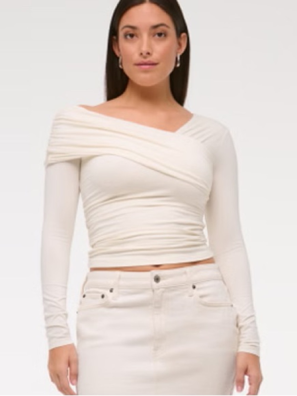Abercrombie & Fitch | Ivory Off‑Shoulder Asymmetrical Ruched Long‑Sleeve Top